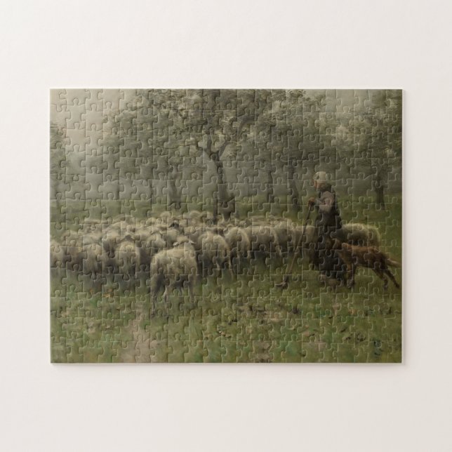 Puzzle Bergère avec un troupeau des moutons, mauve (Horizontal)