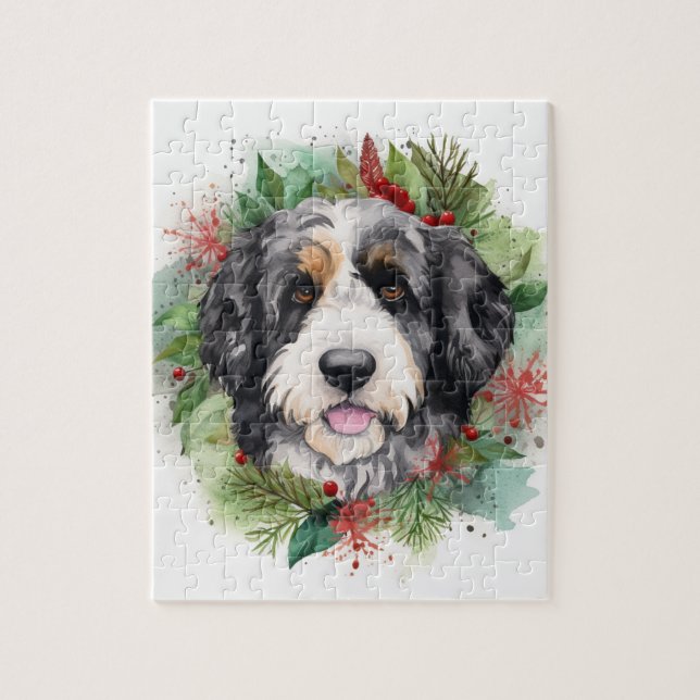 Puzzle Bernedoodle Christmas Wreath Festive Pup (Vertical)