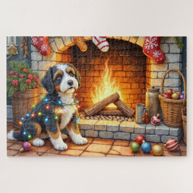 Puzzle Bernedoodle Fireplace with Christmas Lights (Horizontal)