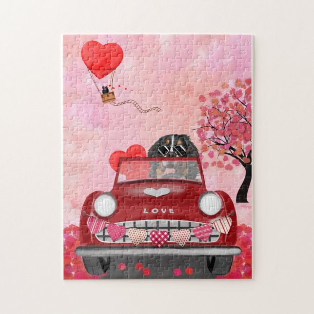 Puzzle Bernois Mountain Driving Car avec Coeurs Valentine (Vertical)