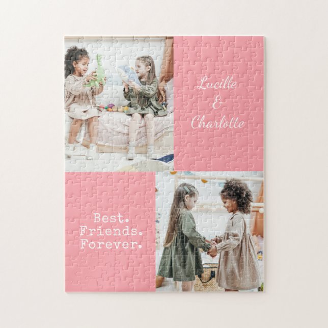 Puzzle BFF personnalisé mignon deux photos rose meilleur  (Vertical)