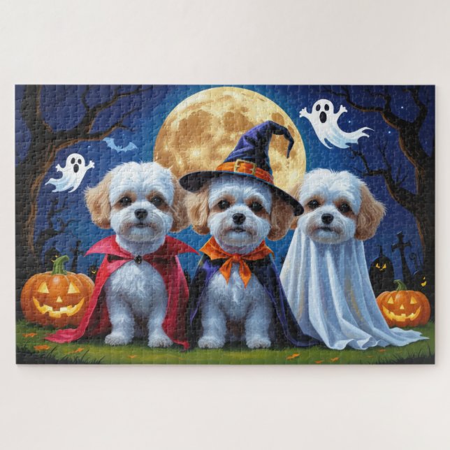 Puzzle Bichon Frise Chiens Citrouille Halloween Funny (Horizontal)