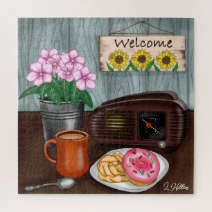 Puzzle Bienvenue, tournesols, beignets et café