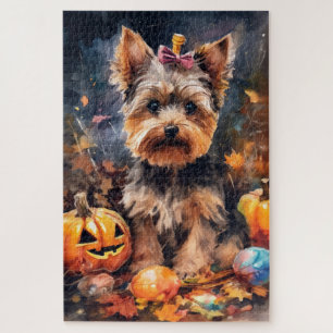 Puzzle Biewer Terrier d'Halloween avec citrouilles effray