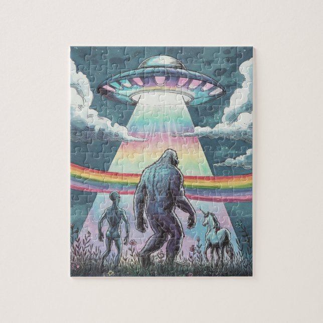Puzzle Bigfoot, Alien et Unicorne avec un ovni (Vertical)