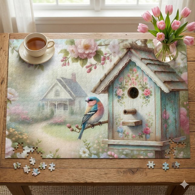 Puzzle Birdhouse Printemps Avec Fleurs Pastel Et Oiseaux (Spring Birdhouse With Pastel Flowers And Bird Jigsaw Puzzle Mockup)