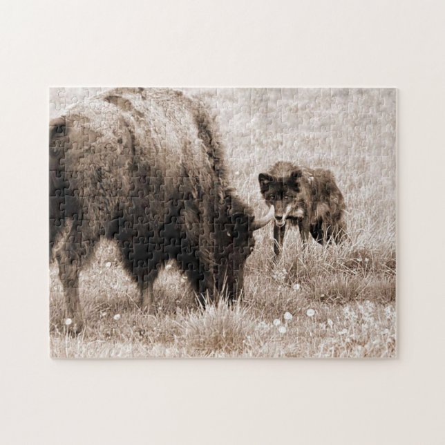 Puzzle Bison agressif et loup noir (Horizontal)
