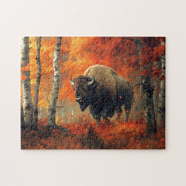 Puzzle Bison dans l'artisanat boisé d'automne (Horizontal)