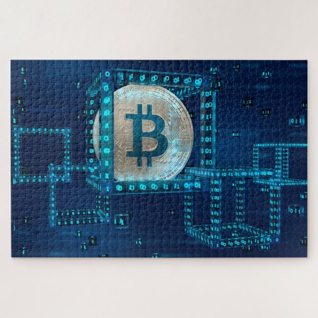 Puzzle Bitcoin Cryptomonnaie Blockchain Blue Silver (Horizontal)