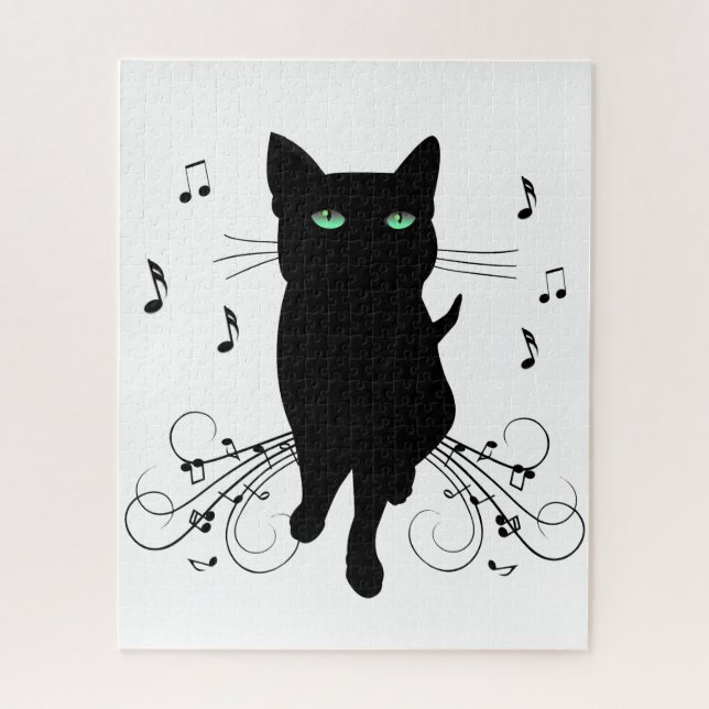 Puzzle Black Cat Surrounded by Whispering Notes of Music (Vertical)