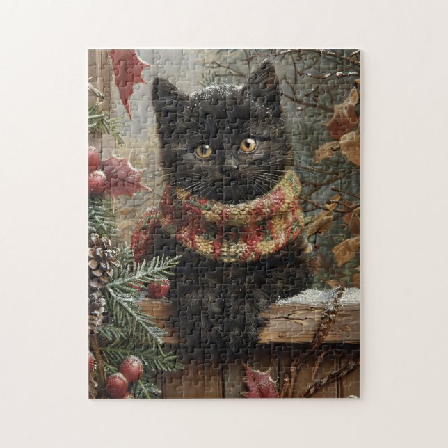Puzzle Black Cat Vintage Christmas Art (Vertical)