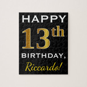 Puzzle Black, Faux Gold 13th Birthday + Custom Name