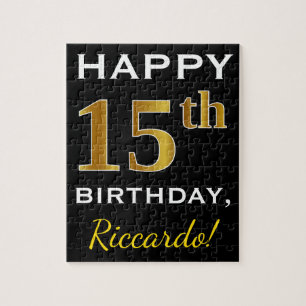 Puzzle Black, Faux Gold 15th Birthday + Custom Name