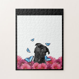 Puzzle Black Pug With Blue Butterflies And Gerberas
