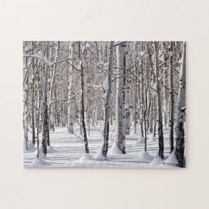 Puzzle Black & White Aspen Tree Trunks & Snow Photo