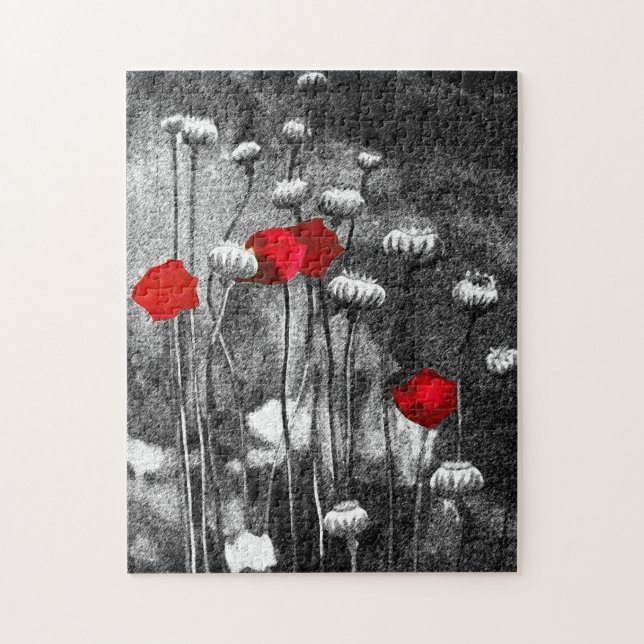 Puzzle Black White Red Poppies Flower Art Modèle Floral (Vertical)