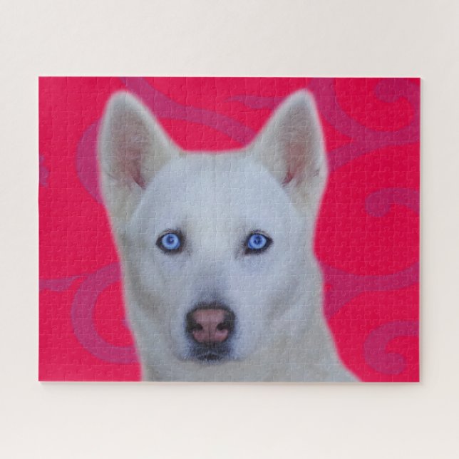 Puzzle blanc de Husky Sibérie (Pink BG) (Horizontal)
