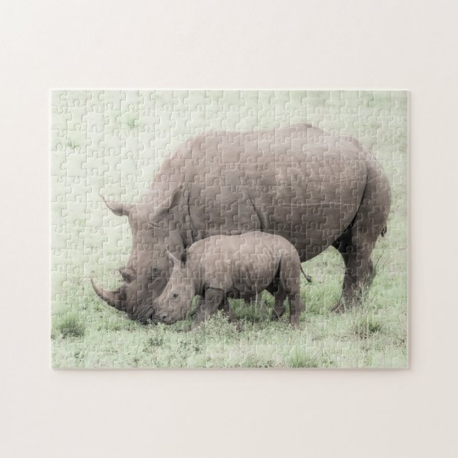 Puzzle blanc de rhinocéros et de bébé (Horizontal)