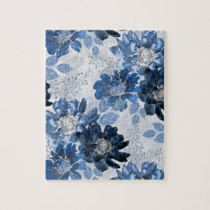 Puzzle Bleu clair, fleurs bleu foncé sur gris clair
