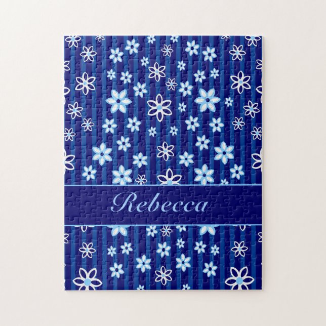 Puzzle Bleu floral personnalisé et blanc modelés (Vertical)