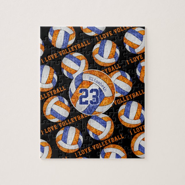 Puzzle bleu orange filles I love volleyball personnalisé (Vertical)