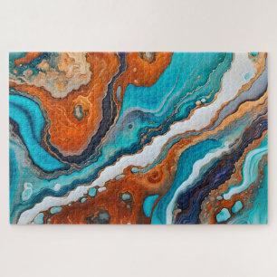 Puzzle bleu turquoise, rouille et or peinture abstrait