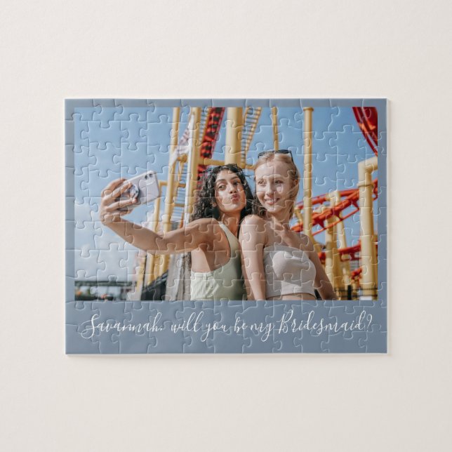 Puzzle Blue Calligraphie Photo personnalisée Bridesmaid P (Horizontal)