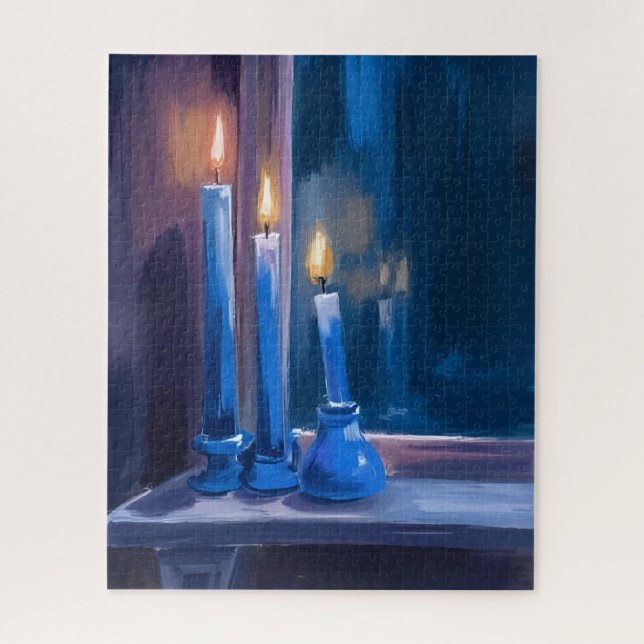 Puzzle Blue Hanukkah Candles Watercolor (Vertical)