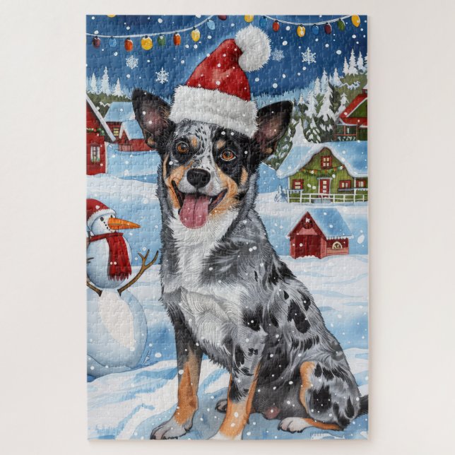 Puzzle Blue Heeler Chien Winter Wonderland Noël Joie (Vertical)