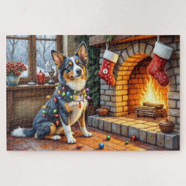 Puzzle Blue Heeler Fireplace with Christmas Lights (Horizontal)