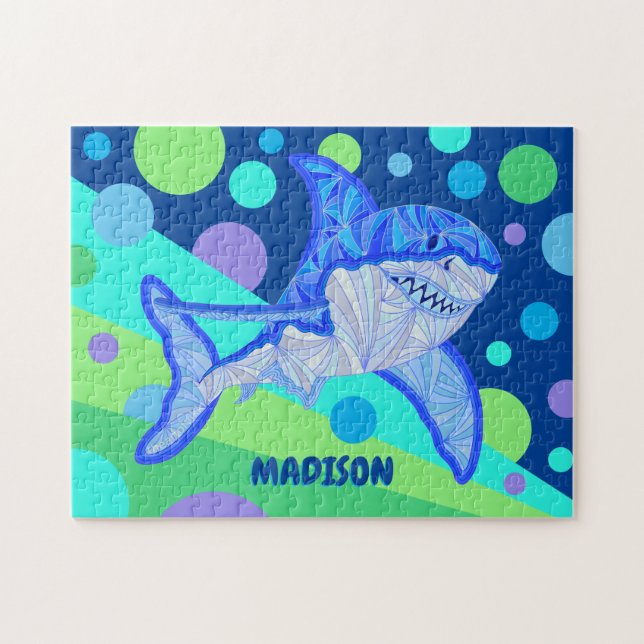 Puzzle Blue Shark Grand Cool blanc Personnalisé Enfants (Horizontal)