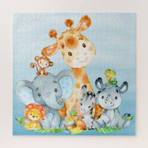 Puzzle Blue Watercolor Cute Safari Jungle Animaux