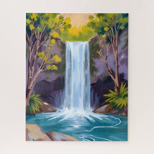 Puzzle Blue Waterfall | Forest Landscape Nature Painting (Vertical)