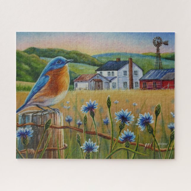 Puzzle Bluebird Cornflowers Summer Farm Waterart (Horizontal)