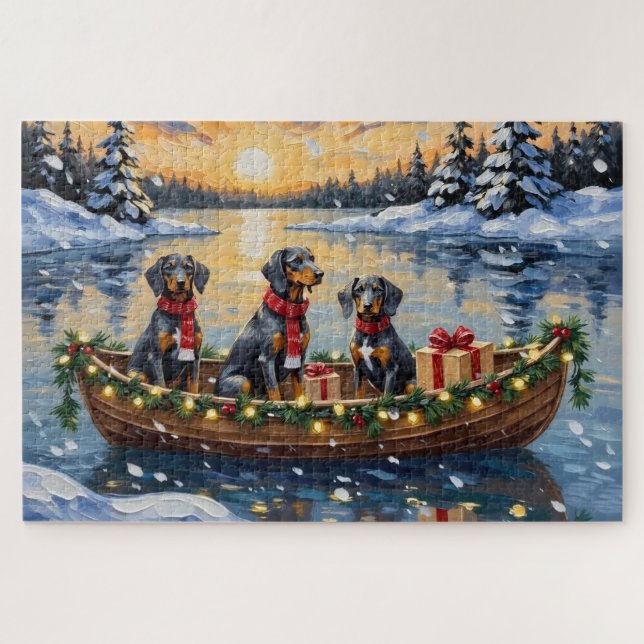 Puzzle Bluetick Coonhound Christmas Boat Holiday (Horizontal)