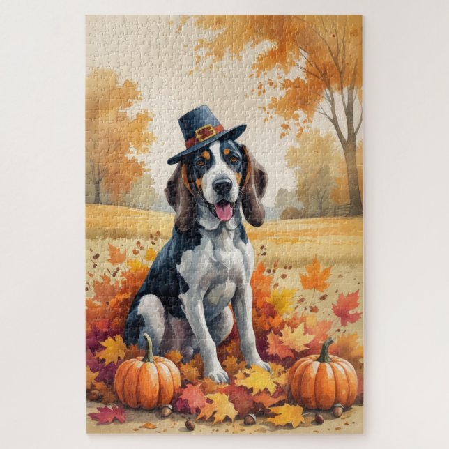 Puzzle Bluetick Coonhound L'automne quitte Thanksgiving A (Vertical)