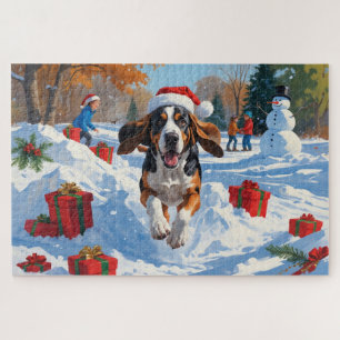 Puzzle Bluetick Coonhound Scène de neige festive de Noël