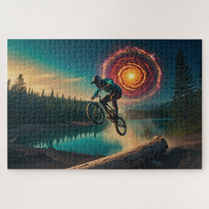 Puzzle BMX Rider par un lac forestier