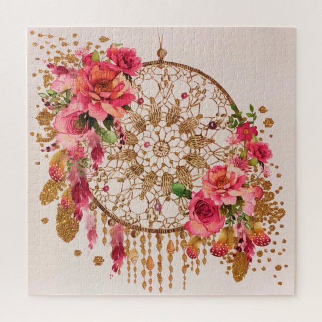 Puzzle Boho Dreamcatcher Pink Gold Floral Aquarelle (Vertical)