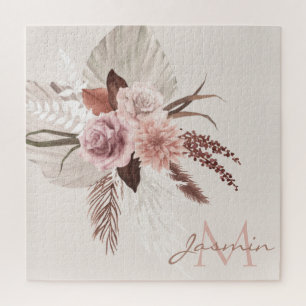 Puzzle Boho Pampas Rose Grass Fleurs séchées Monogramme
