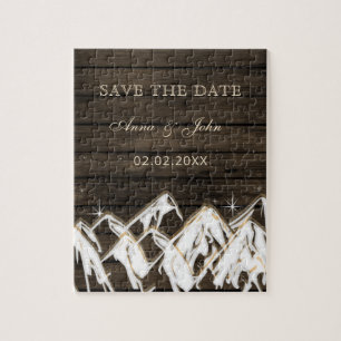 Puzzle Bois de grange Montagnes rustiques Sauvez la date