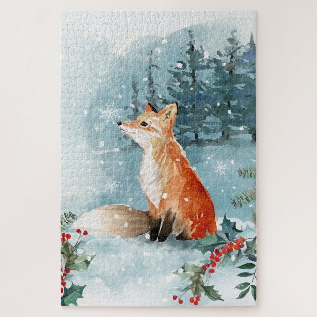 Puzzle Bois enneigés de renard de Noël (Vertical)