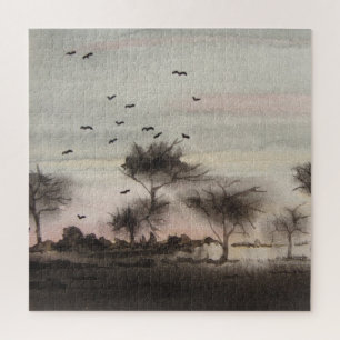 Puzzle bois rustique automne Paysage coucher du soleil