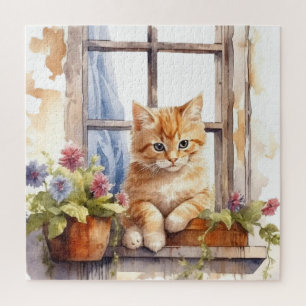 Puzzle Boîte de fleurs de fenêtre de chaton jaune Peintur