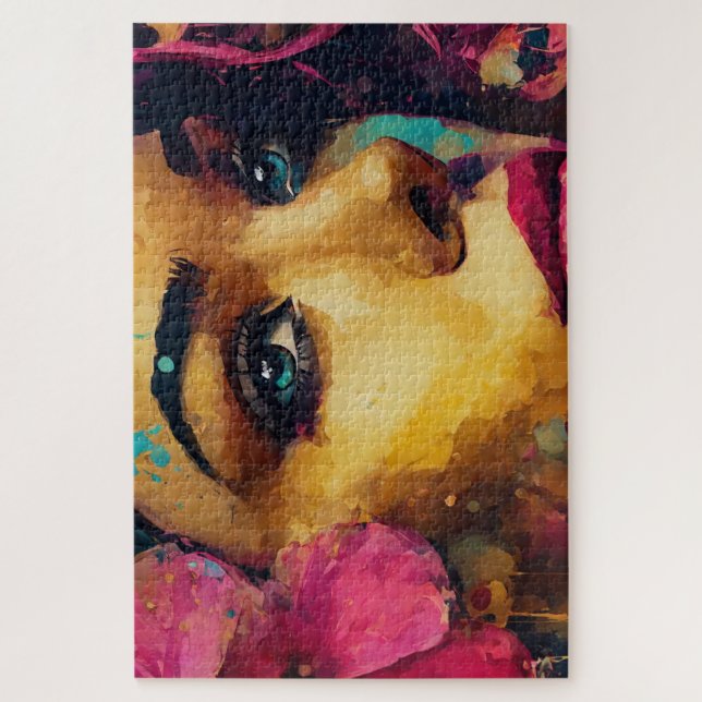Puzzle Bold Pink Hibiscus et femme Portrait Abstrait (Vertical)
