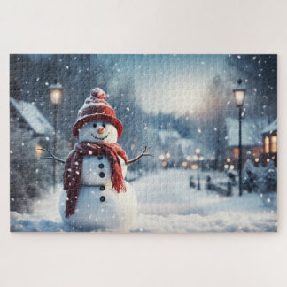 Puzzle Bonhomme de neige dans le village. Scène hivernale