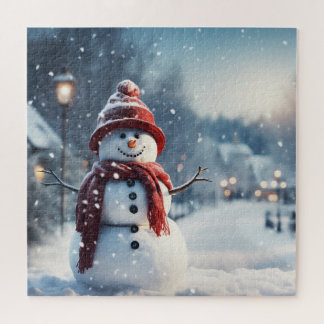Puzzle Bonhomme de neige dans le village. Scène hivernale