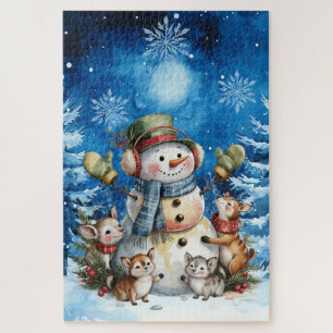 Puzzle Bonhomme de neige de Noël bleu d'hiver et animaux 