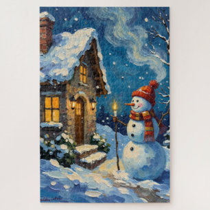 Puzzle Bonhomme de neige vintage près d'un cottage de Noë