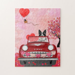 Puzzle Border Collie Driving Car with Hearts Valentine's 